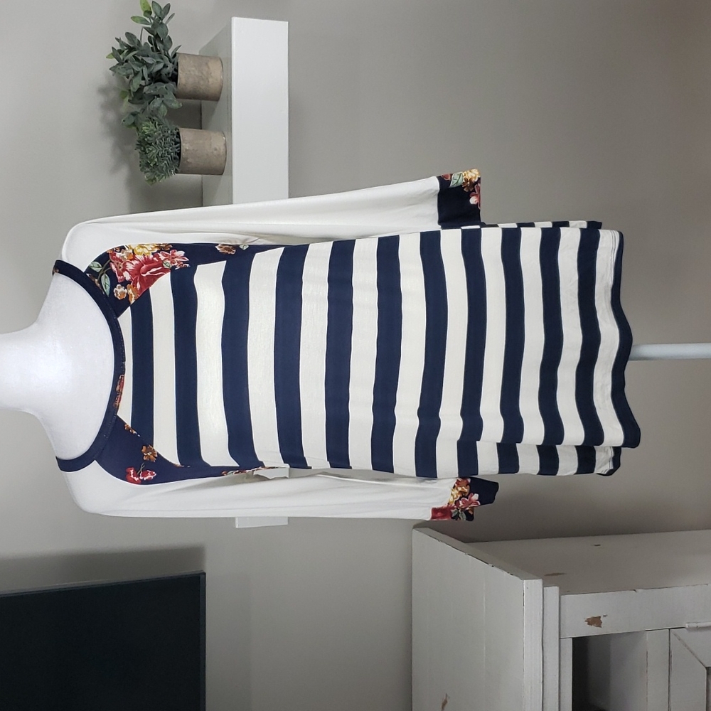 P.S. Kate Long Sleeve Striped with Floral Top NWOT